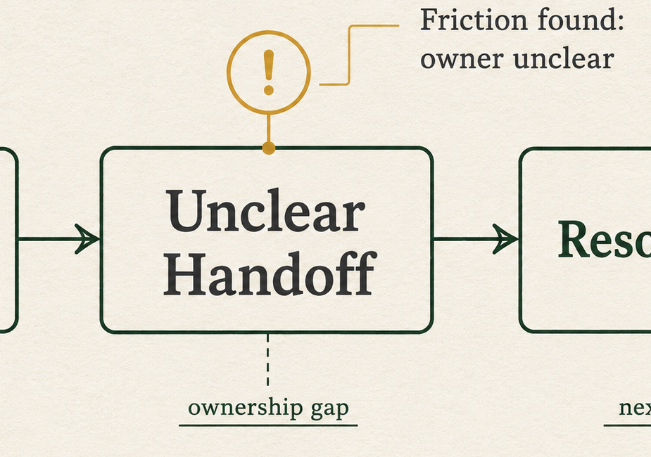 Workflow trace detail: the Unclear Handoff stage with friction found because the owner is unclear.